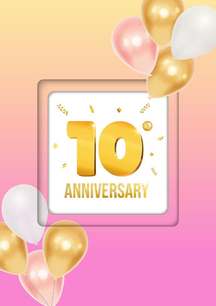 Bright anniversary celebration flyer poster with balloons and golden numbers 10 vector