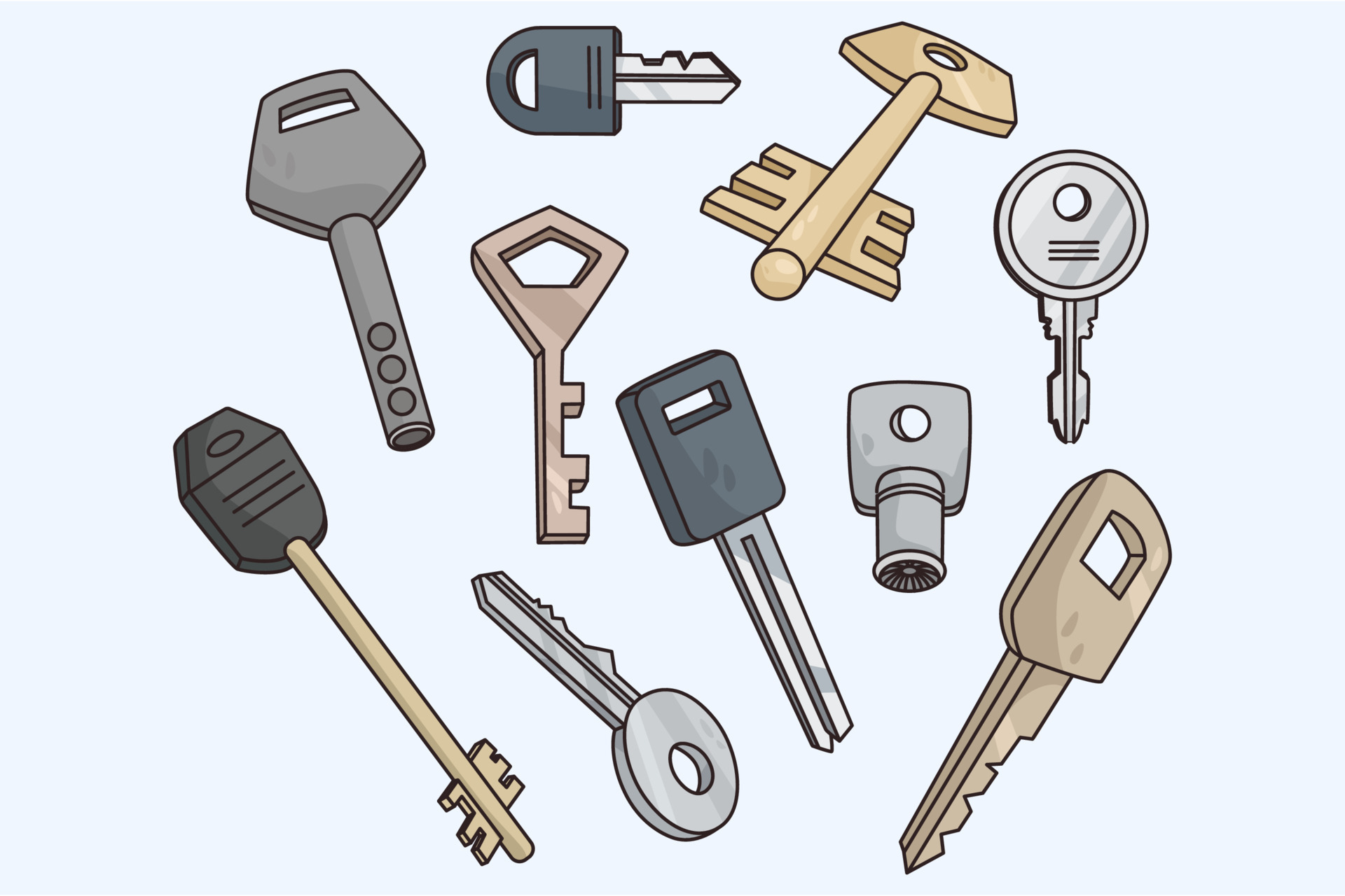 Set of modern and classic old keys of different sizes and forms