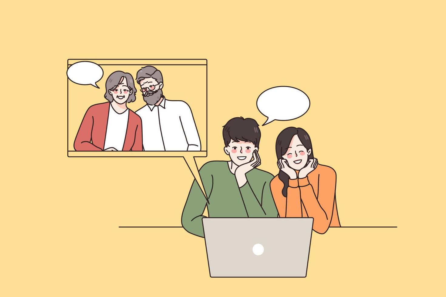 Happy young couple talk speak on video call on computer with old parents. Smiling man and woman have webcam digital virtual communication on laptop with aged relatives. Flat vector illustration.