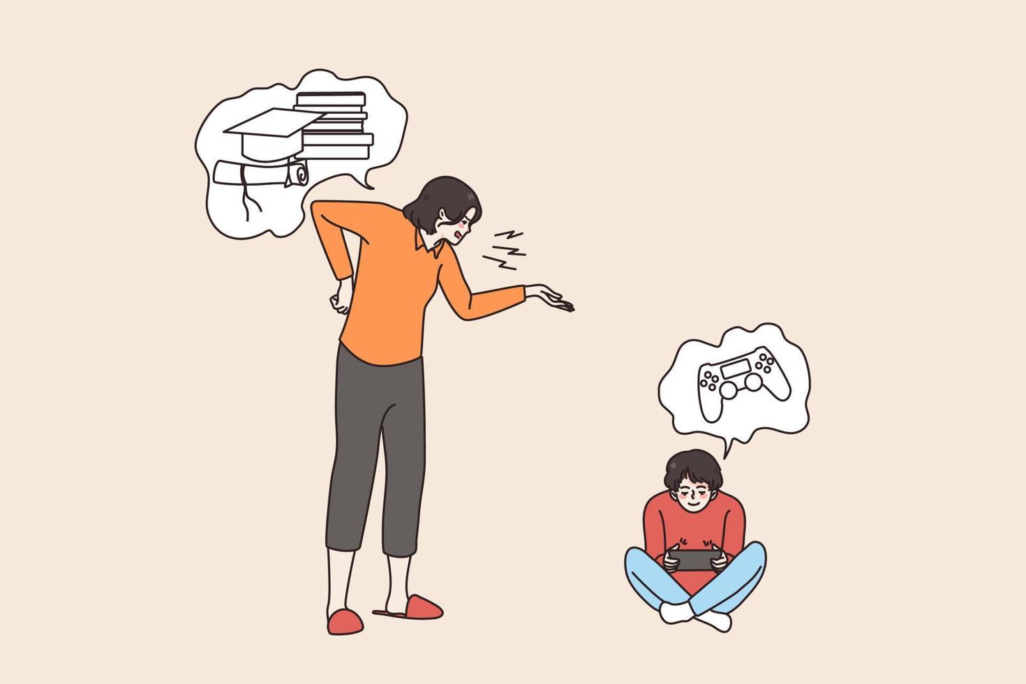 Angry mother scold teen son playing video games, ask for school studying. Furious mom lecture small boy child for not learning. Children and parent problem. Education concept. Vector illustration.