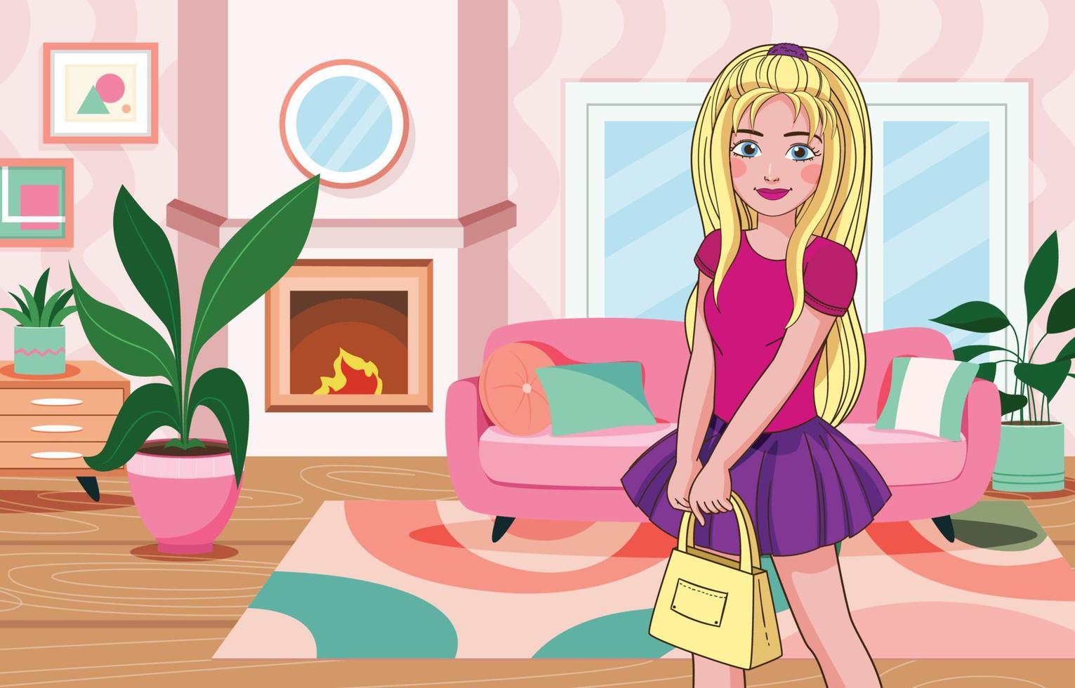 Blond Doll Like Girl in Living Room vector