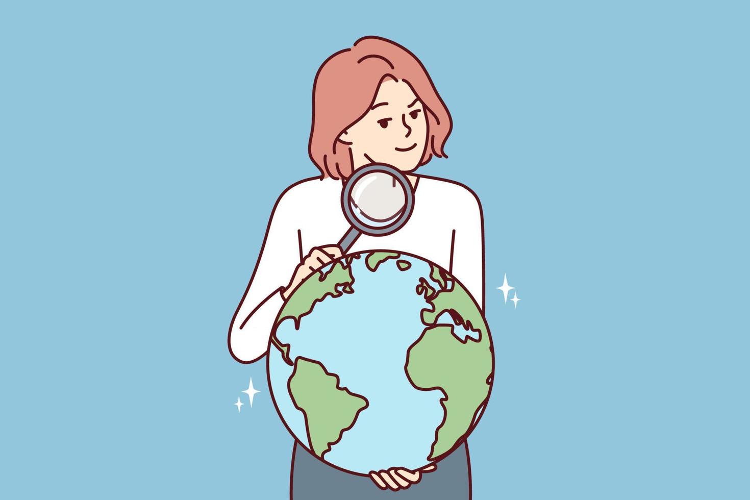 mujer con aumentador vaso sostiene globo estudiando geografía o elegir sitio para más lejos viajar. inquisitivo niña Guías país buscar en globo para concepto de internacional político relaciones vector