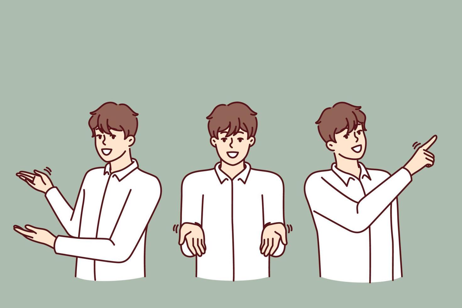 Man pointing in different directions providing consulting or customer support services and answering questions of interest. Three identical guys make pointing gestures with hands giving clues vector