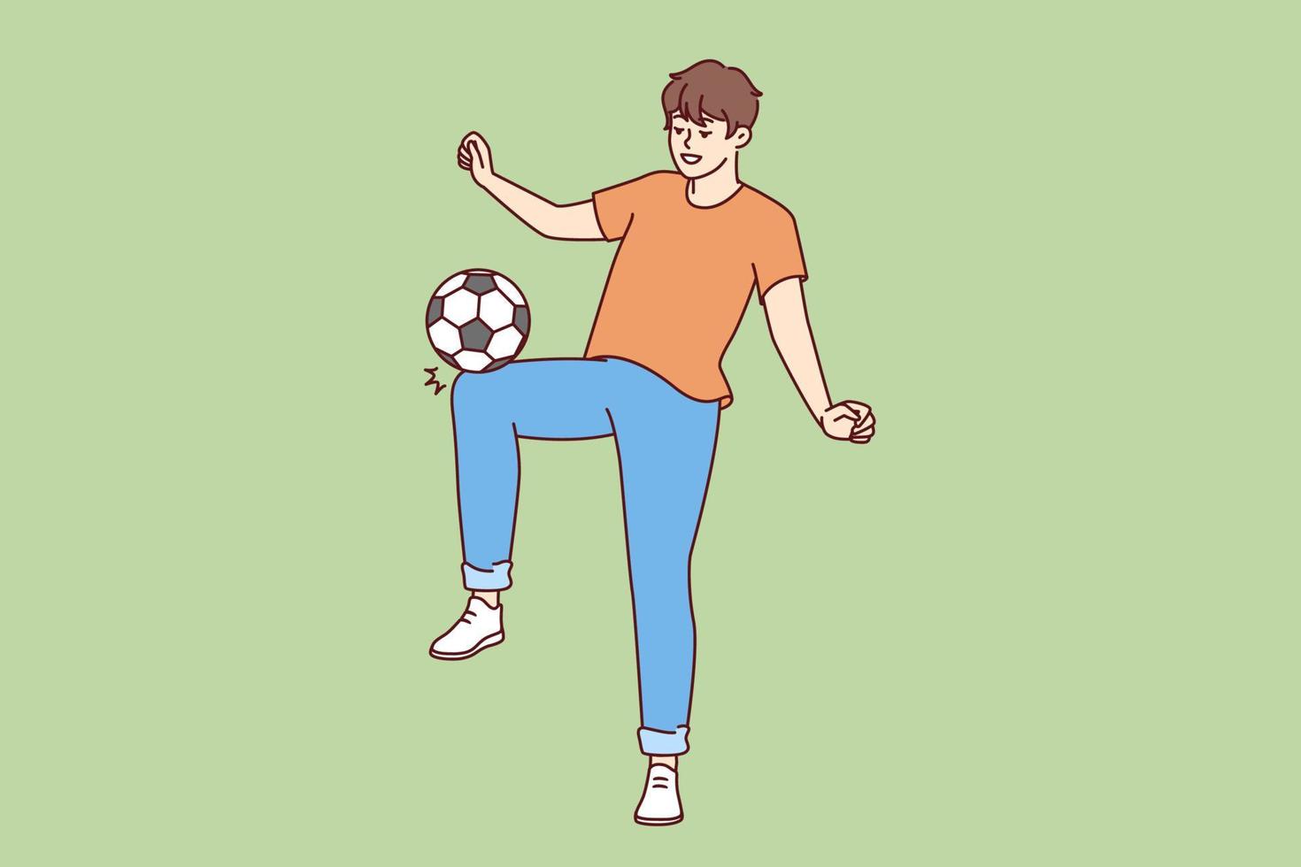 Happy man kicking soccer ball wanting to become famous major league player and compete in international sports competitions. Young promising soccer player training alone with smile doing tricks vector