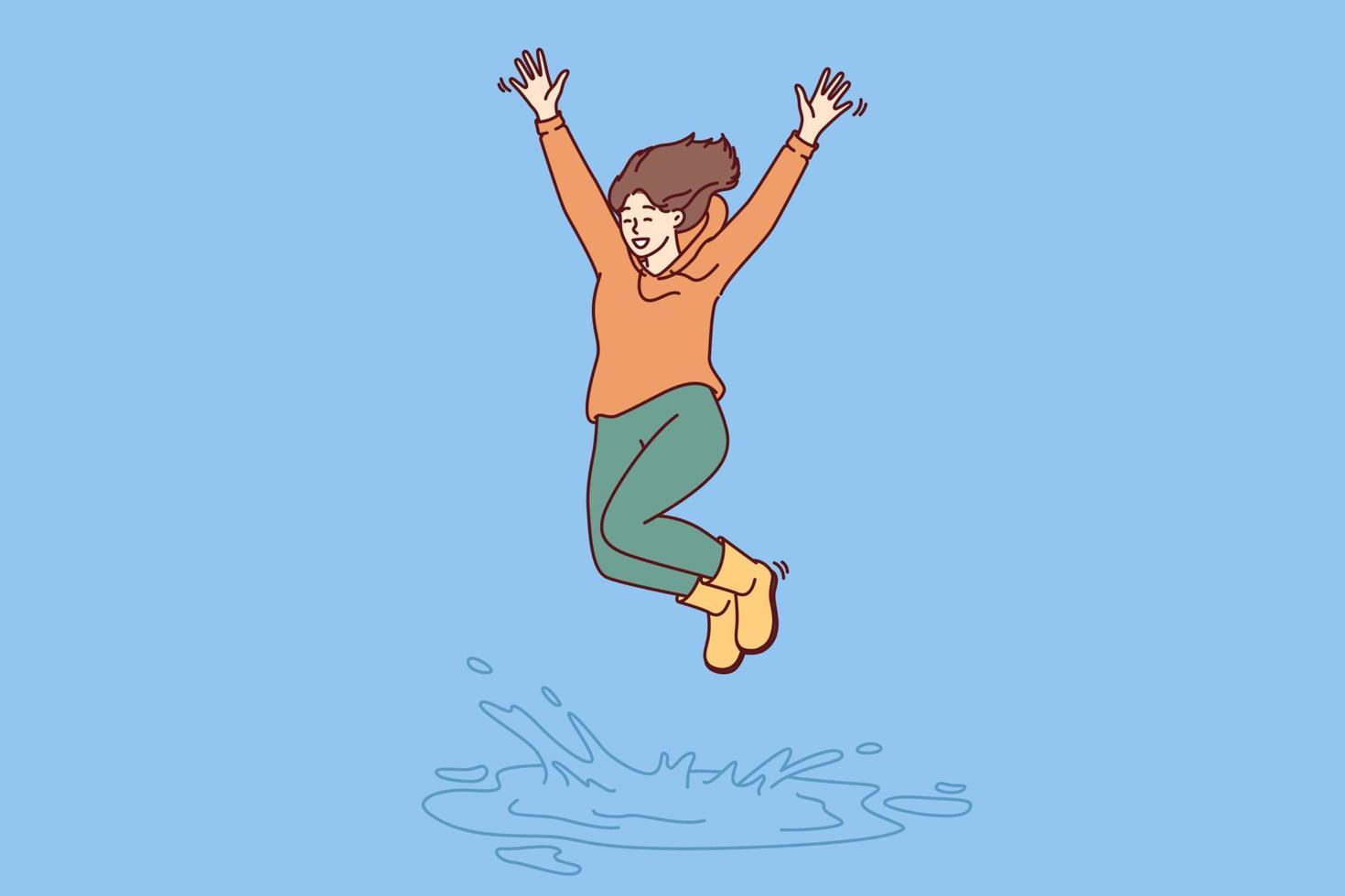 Happy woman jumping in puddle enjoying first autumn rain after hot summer. Girl in good mood in casual clothes jumps standing in puddle, receiving positive emotions from long-awaited walk vector