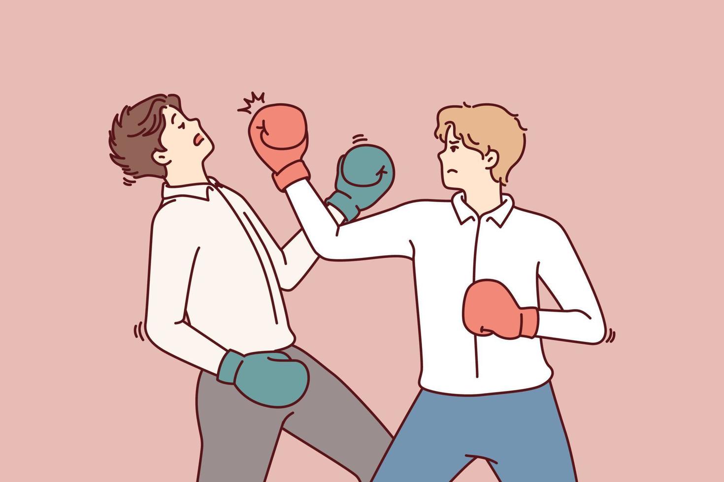 Determined business man in boxing gloves strikes opponent in face, symbolizing fierce competition between employees. Men in business attire are fighting for right to take emerging position of manager vector