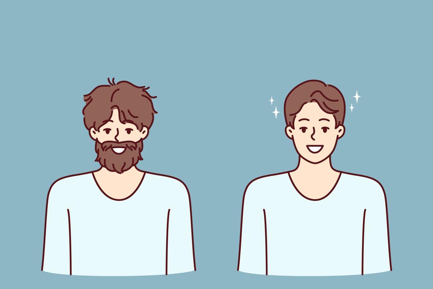 hombre antes de y después yendo a barbería a profesional estilista para pelo y barba cuidado. hombre sonrisas demostrando resultado de visitando barbería y utilizando alta calidad o afeitado espuma vector