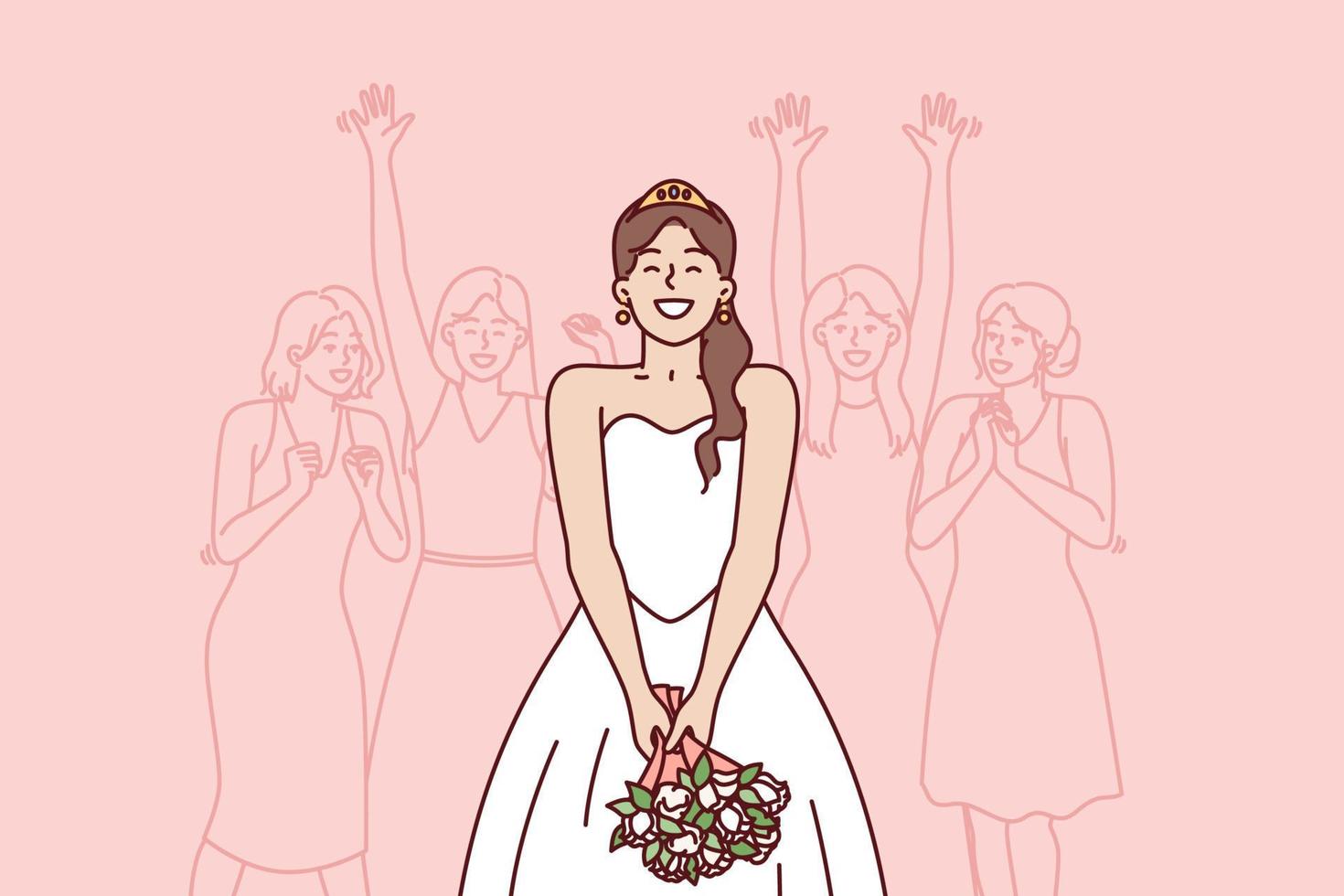 Happy bride preparing to throw bouquet flowers performs traditional ritual for wedding party. Woman in wedding dress stands with back to female girlfriends who want to get married as soon as possible vector