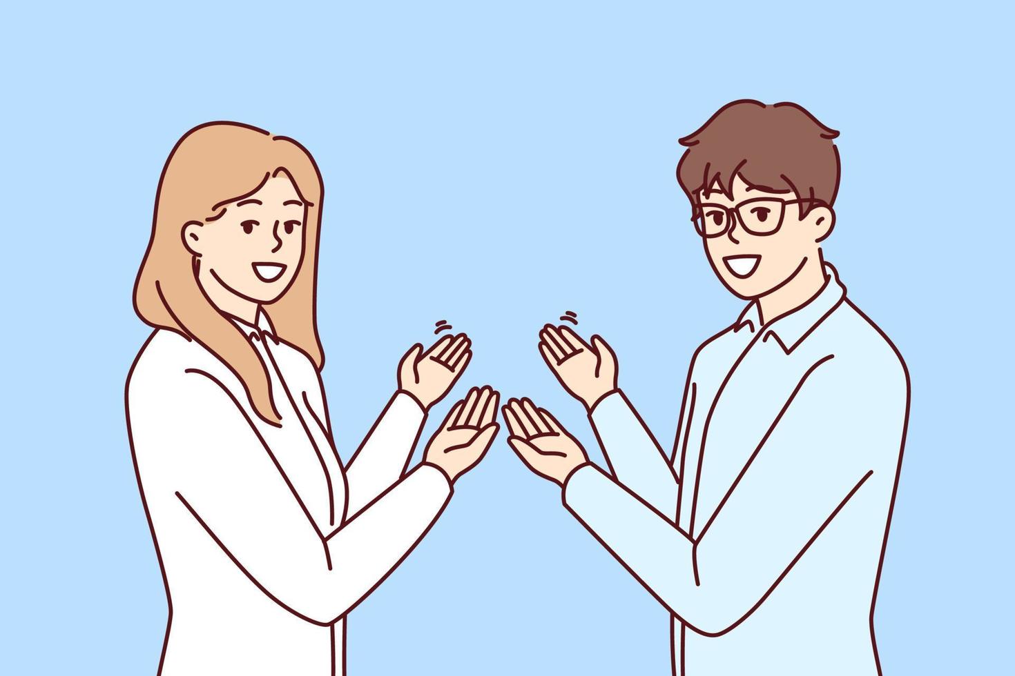 Couple of man and woman in business clothes make inviting gesture with hands. Guy and girl who created own startup are pointing back to inviting those who want to learn more about company vector