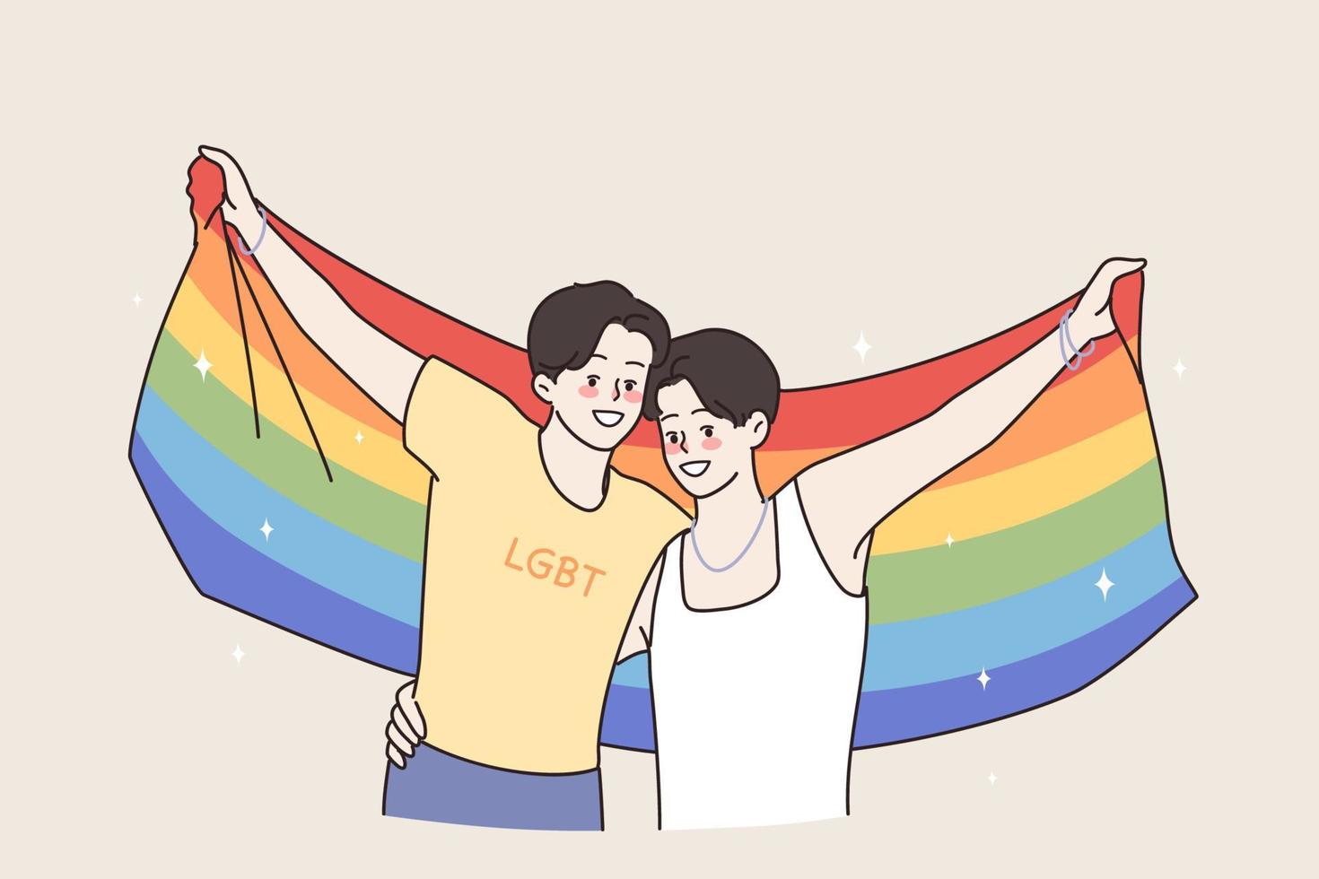 lgbt derechos y gays concepto. gay sonriente hombres Pareja en pie abrazando participación arco iris gay orgullo bandera sensación confidente y contento vector ilustración