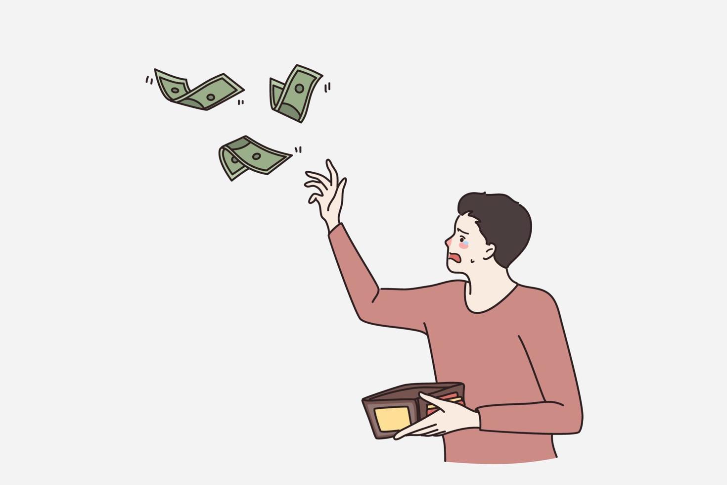 problemas con finanzas y No dinero concepto. joven estresado hombre dibujos animados personaje en pie molesto a captura dinero volador fuera de bolsillo vector ilustración