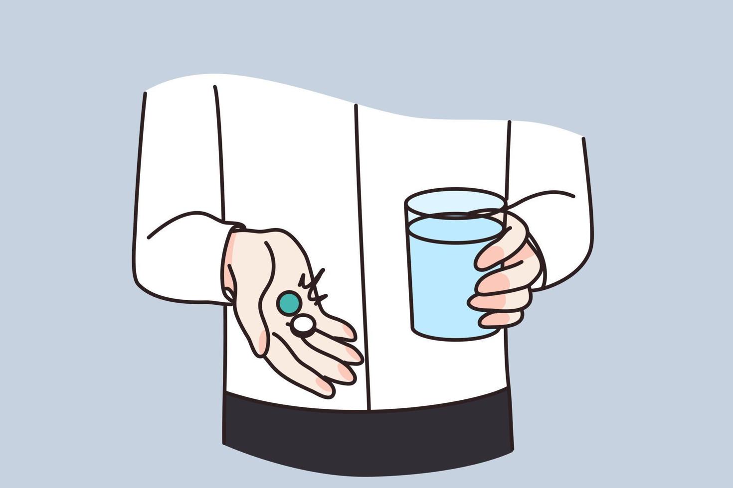 Close up of man hold medications and water glass cure from disease or illness. Guy take pills tablets to relieve sickness symptoms. Flu or fever relief. Healthcare and medicine. Vector illustration.