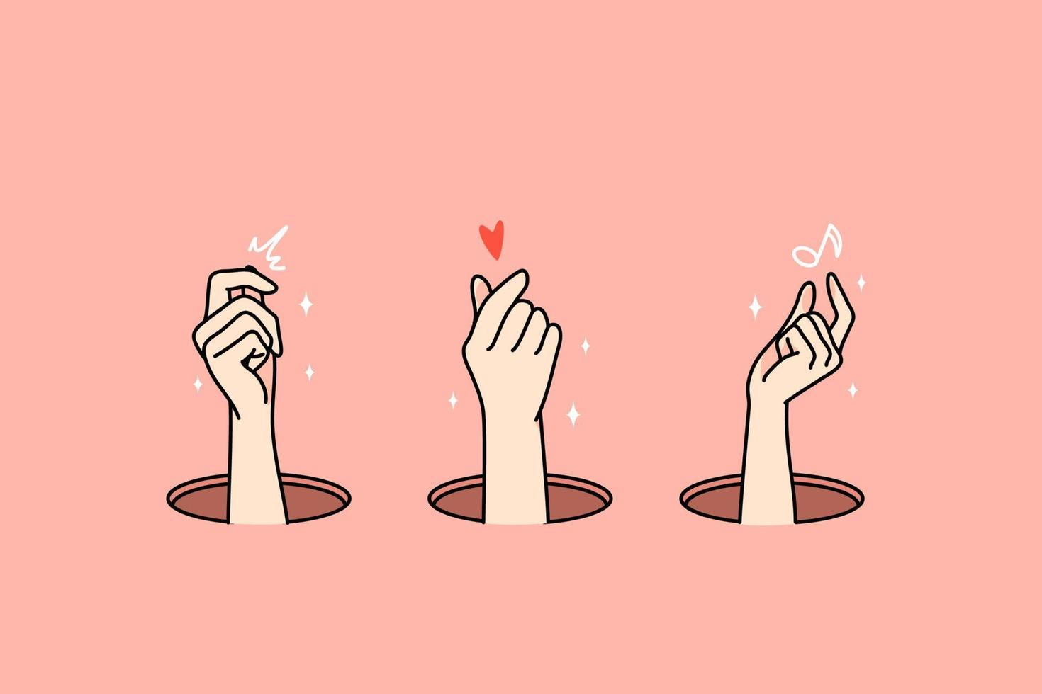 mujer manos espectáculo desde agujeros con corazón, música simbolos hembra brazo participación diferente señales. plano vector ilustración, dibujos animados personaje.