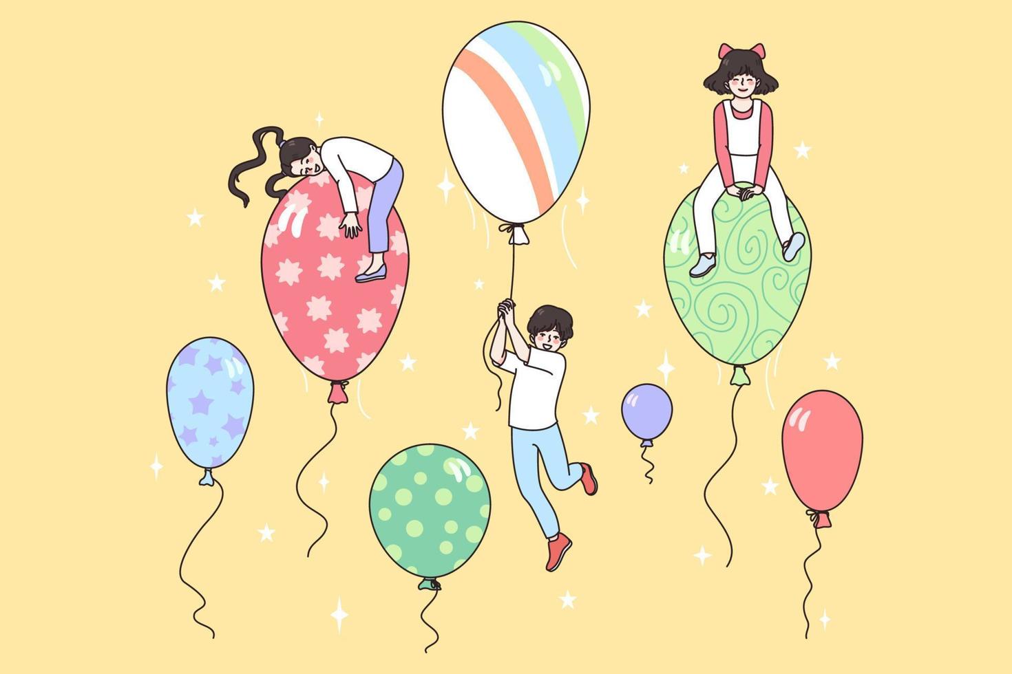 Happy small children fly on colorful balloons in sky enjoy carefree childhood. Smiling little kids boys and girls on bubbles. Concept of childcare happiness. Vector illustration, cartoon character.