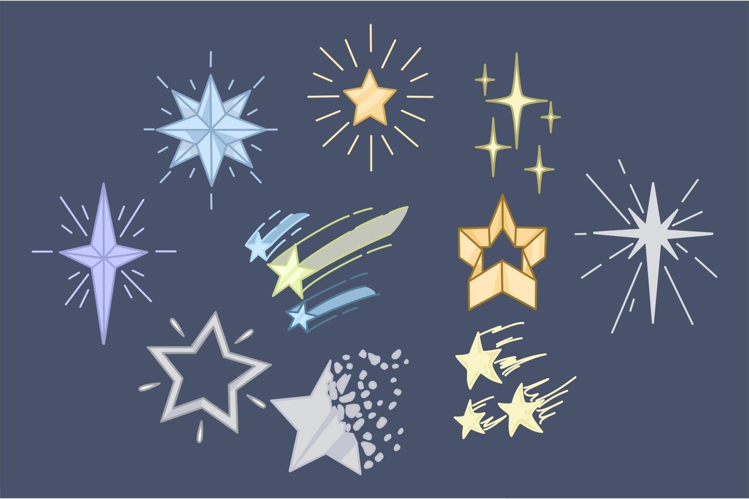 Set of shiny bright stars and bursts. Collection of sparkle symbols or decoration twinkle. Astronomy and astrology. Celebration sign. Starry night and falling star. Flat vector illustration.