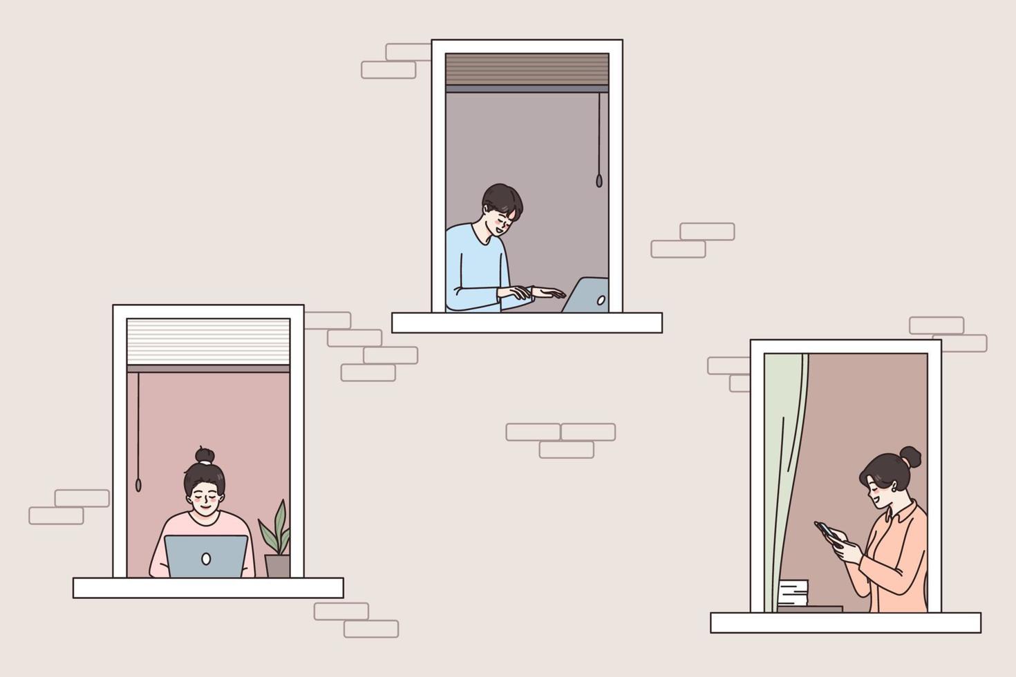 Diverse people freelancers in building windows work online on computer at smartphone from home. Men and women freelance busy with gadgets. Distant remote job or education. Vector illustration.