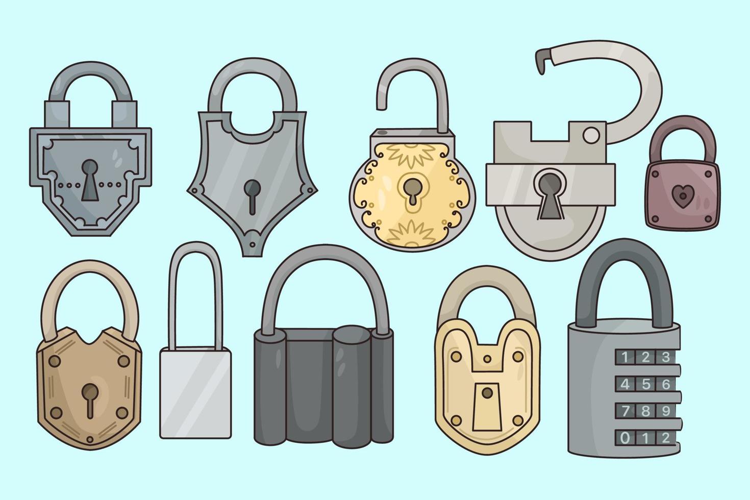 Set of locks for security and protection. Collection of various padlocks of different forms and sizes. Secure lock mechanism. Flat vector illustration.