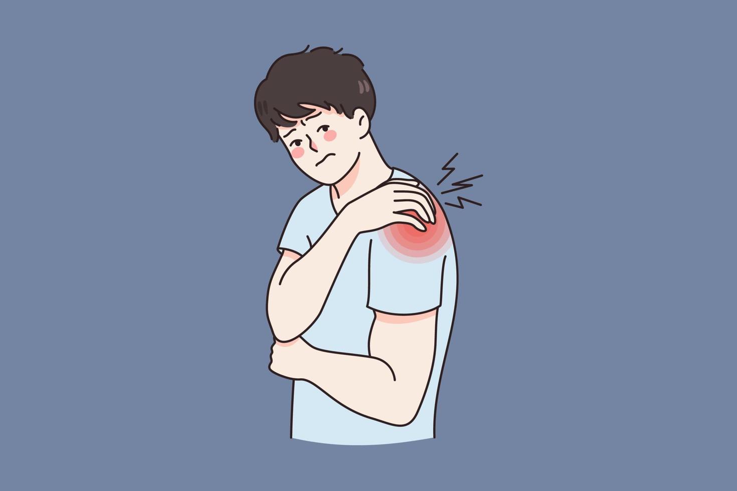 Unhealthy man touch shoulder suffer from back injury or trauma. Unwell sick guy struggle with acute pain or muscular spasm strain in arm. Healthcare and medicine. Flat vector illustration.