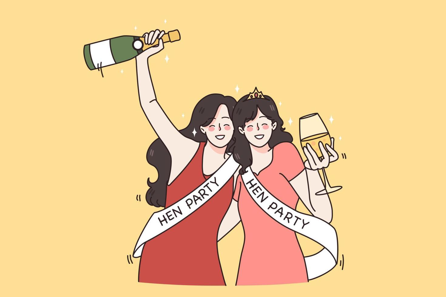 Smiling girlfriends drink champagne celebrate hen party together. Happy young women in dressed have fun at bachelorette celebration. Marriage and engagement. Bride to be. Flat vector illustration.