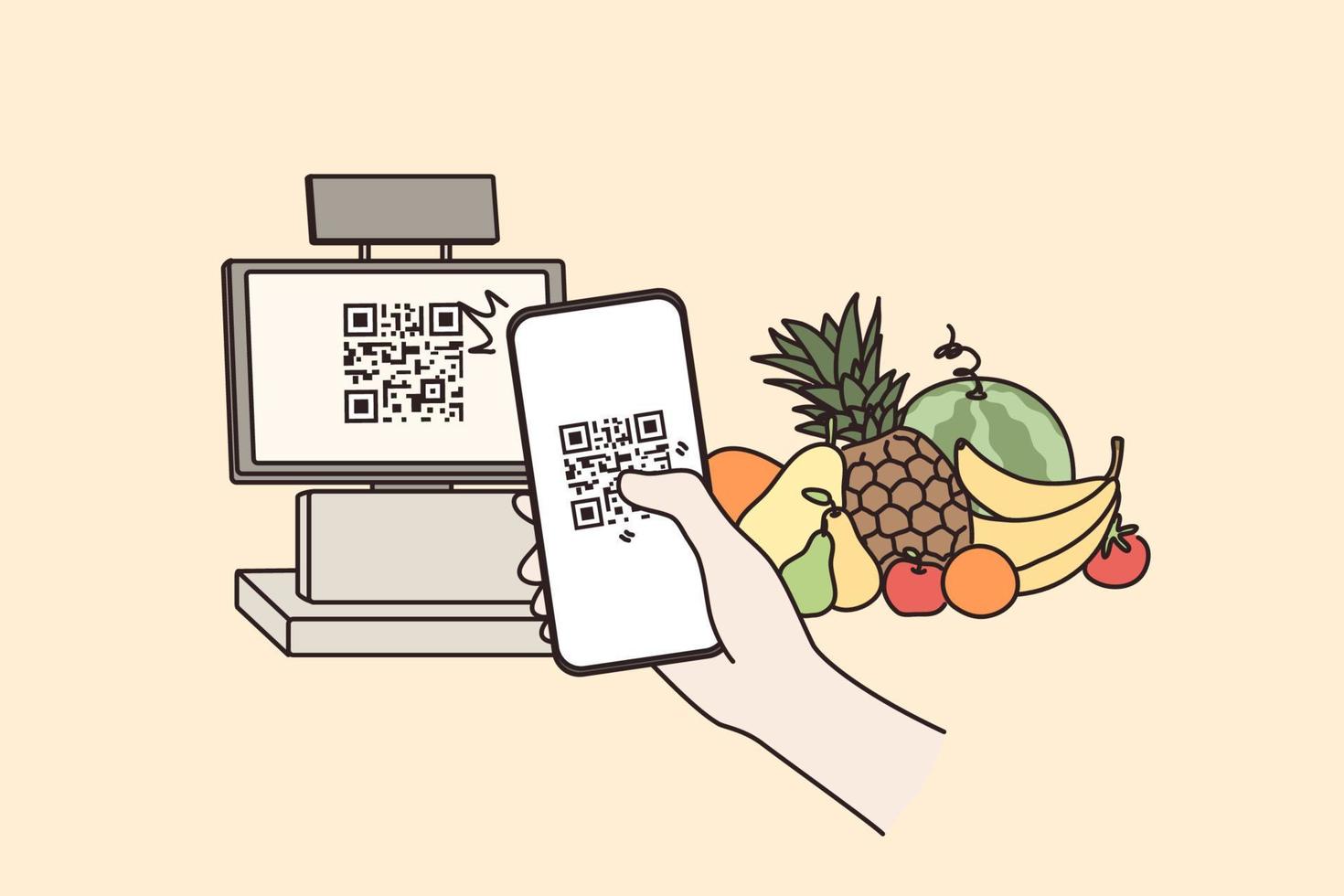 Contactless payment with QR code concept. Human Hand holding smartphone scanning QR code payment in supermarket without money, vector illustration.