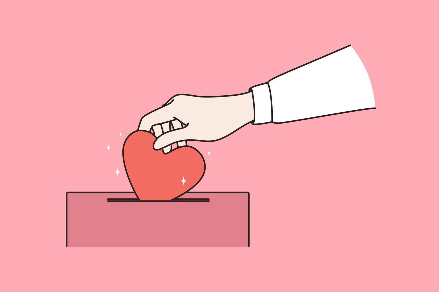 Charity donation and kindness concept. Human hand putting big red heart into donation box for charity over pink background vector illustration