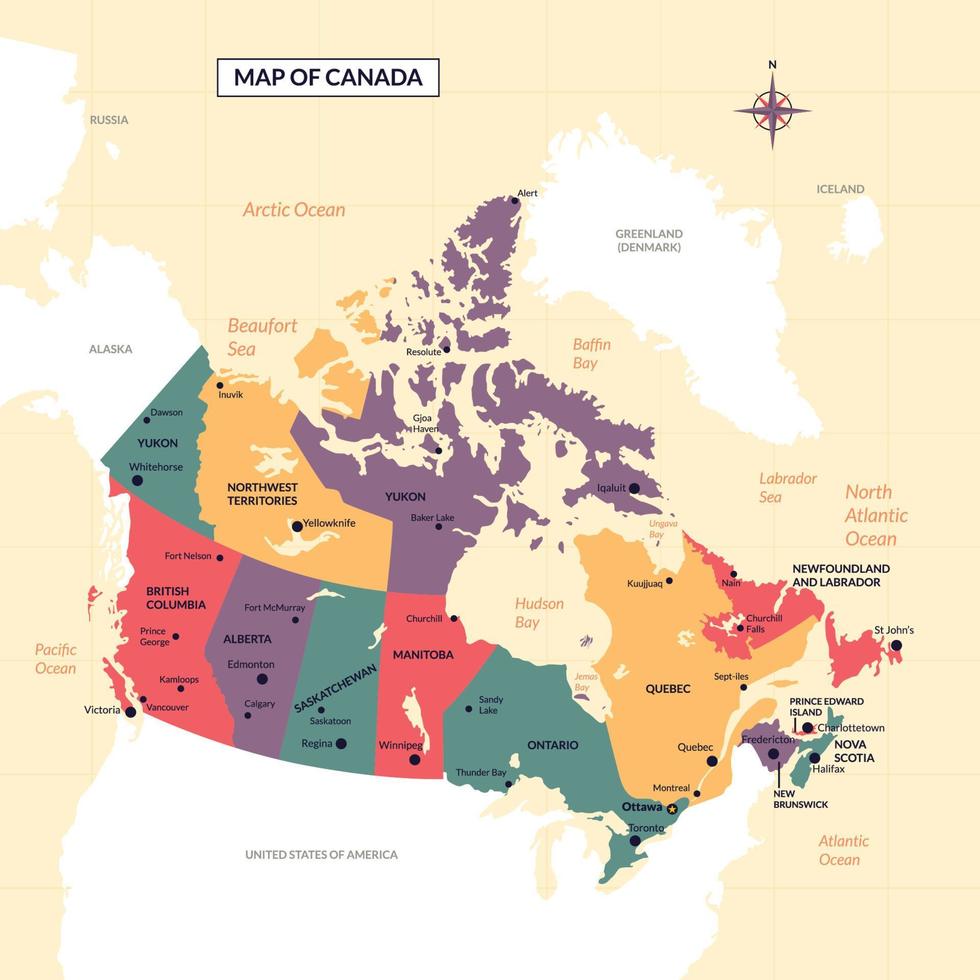 Canadá país mapa con estado nombres vector