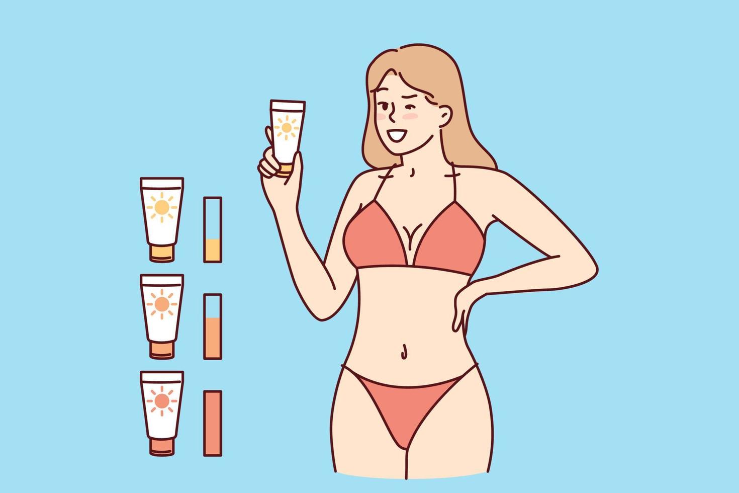 Woman in beach tanning bikini demonstrates anti-sunburn cream. Girl recommends purchasing high-quality tanning cream that promotes appearance of uniform skin tone when visiting solarium vector