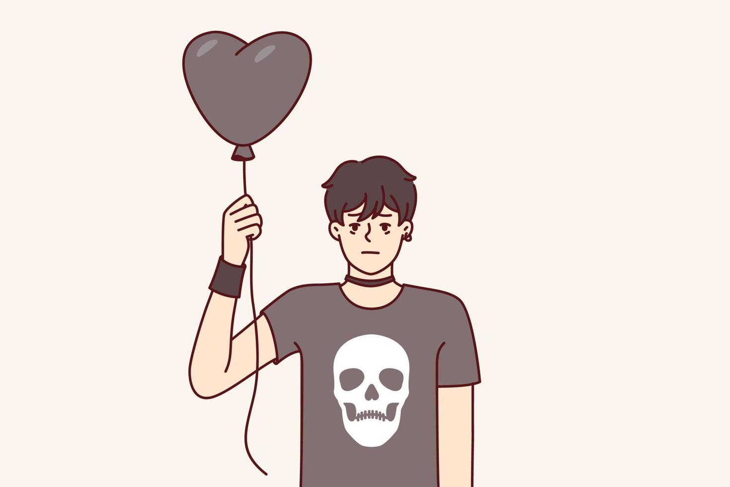 Guy teenager in goth clothes holds black balloon in form of heart for girl he likes from school. Emotionless boy in black t-shirt with skull is fan of informal association of goth subculture vector