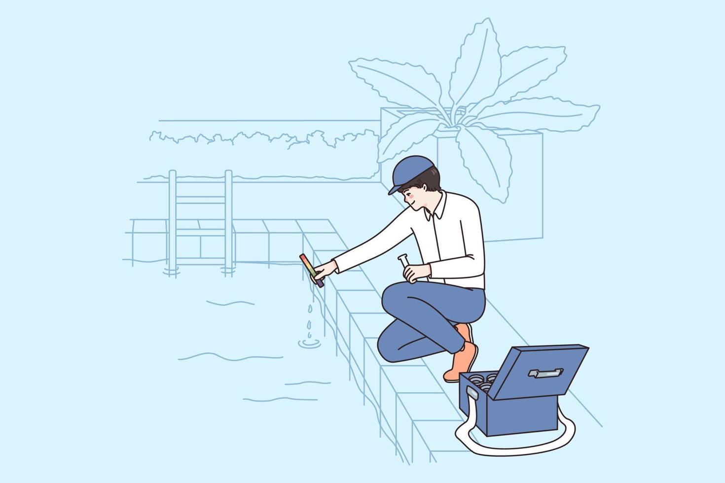 Man with tubes check balance ph level in swimming pool with test stipes. Male worker or employee manage maintain aquarium. Maintenance or cleaning service concept. Flat vector illustration.