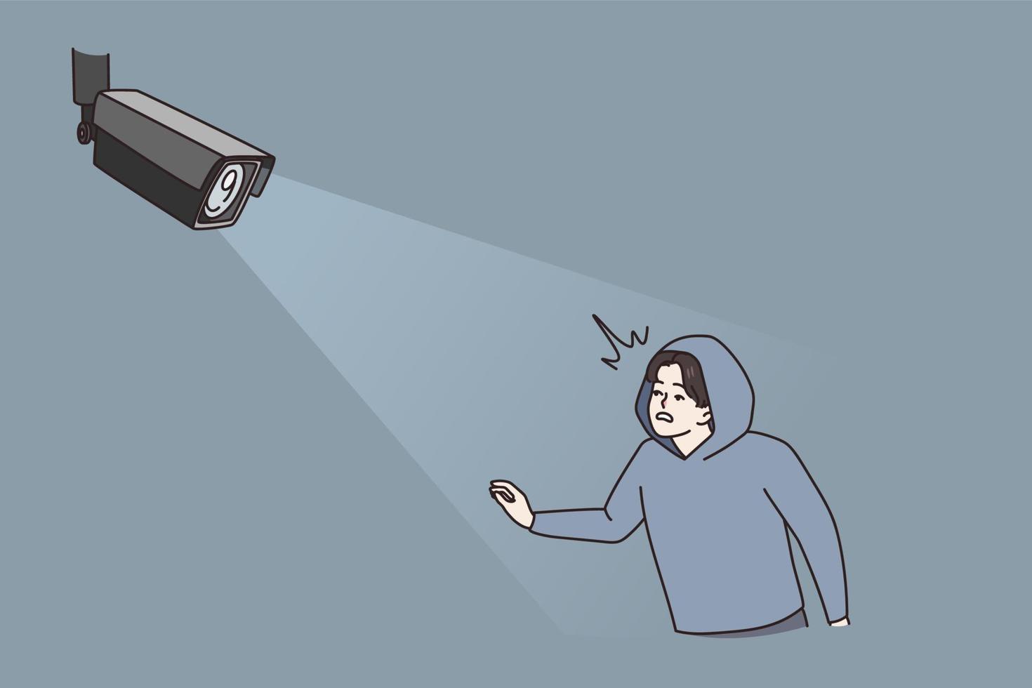 Digital camera catch criminal in light. CCTV modern cam detect monitor thief or burglar. Smart house automatic technology. House safety and security concept. Flat vector illustration.