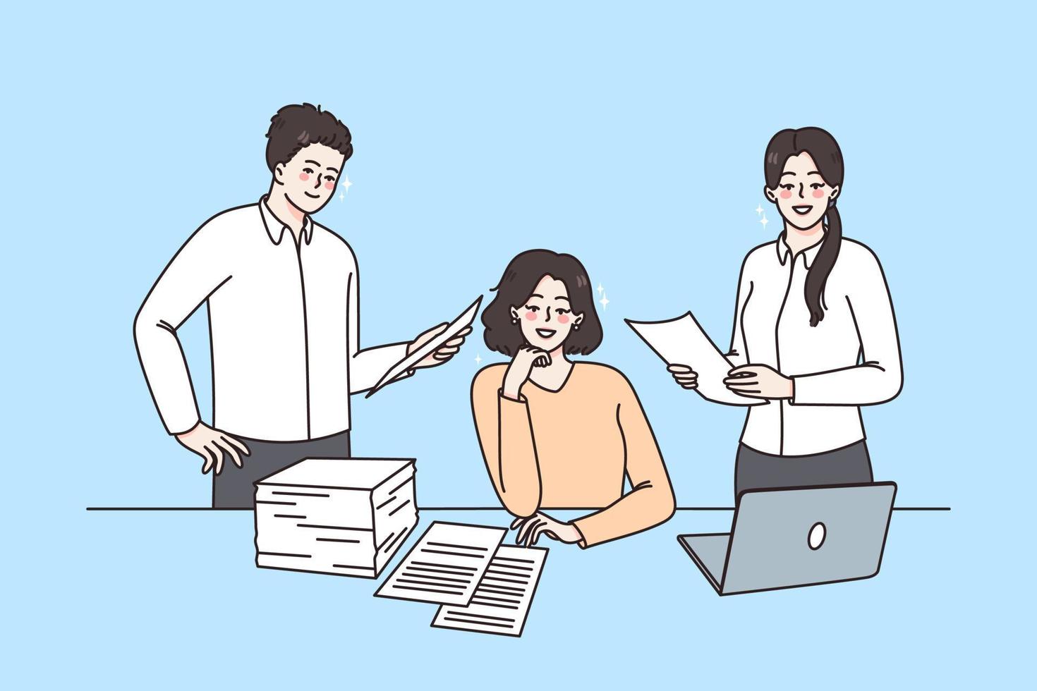 Smiling diverse businesspeople cooperate in office work together at computer with paperwork. Happy colleagues coworkers brainstorm collaborate at laptop. Teamwork concept. Vector illustration.