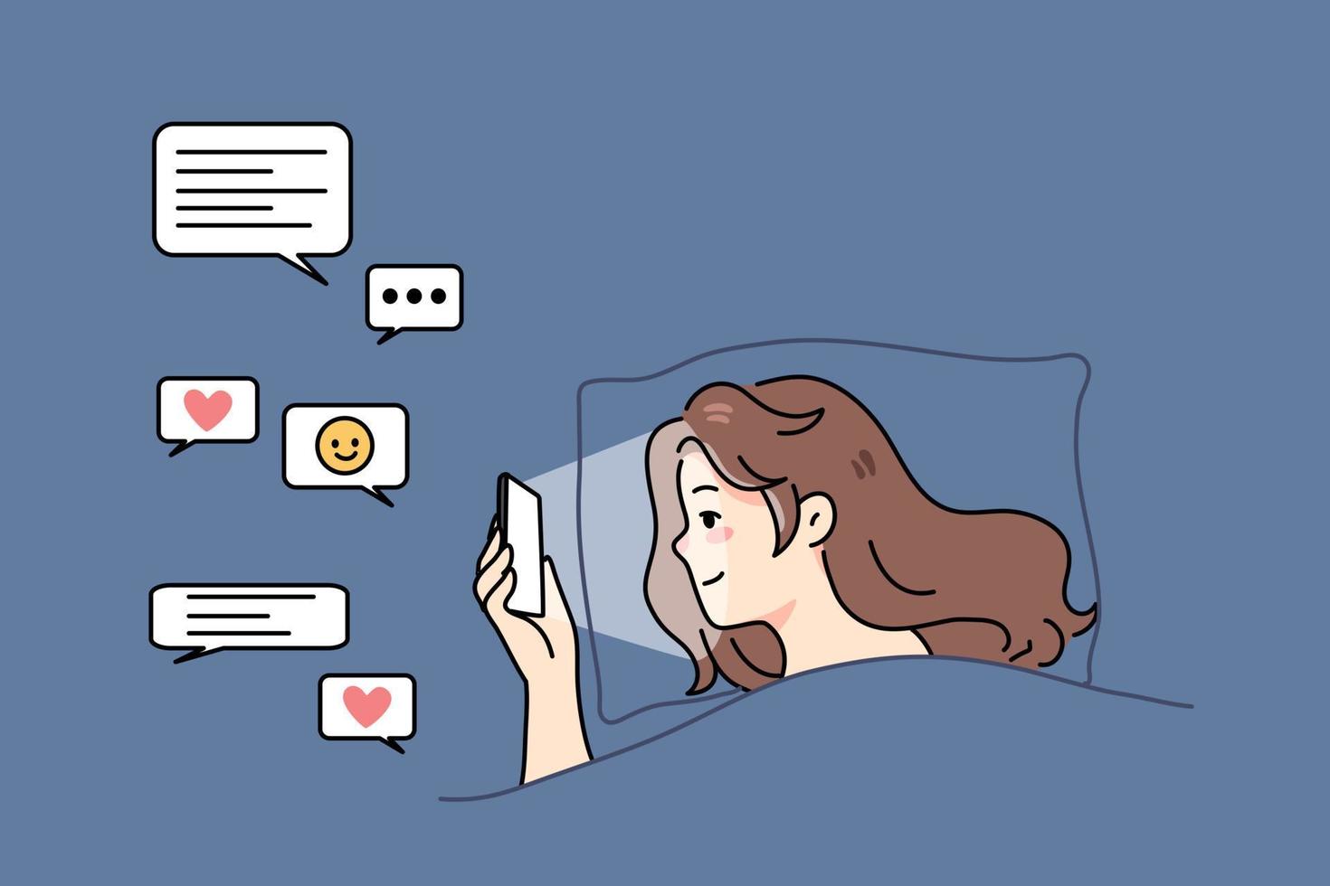 Young woman lying in bed before sleep text message online on smartphone. Addicted girl relax in bedroom surf social media on cellphone. Gadget addiction and technology. Flat vector illustration.