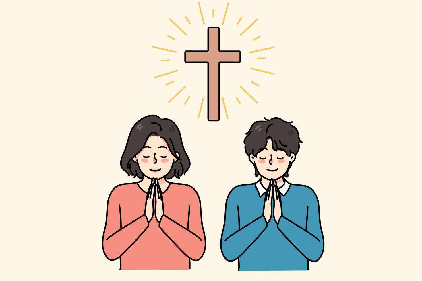 pequeño religioso niños cerca cruzar en Iglesia orar a Dios sensación supersticioso. pequeño niños creyentes con oración manos espectáculo fe y religión. superstición y alto fuerza. vector ilustración.