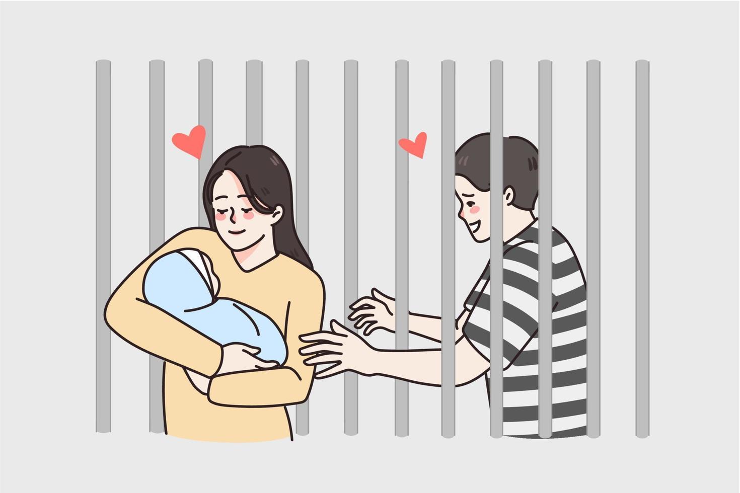 hombre en prisión tener esposa y pequeño recién nacido bebé visitando. mujer con infantil ven a marido delincuente. padre en cárcel para delito o delito. familia inestabilidad. plano vector ilustración.