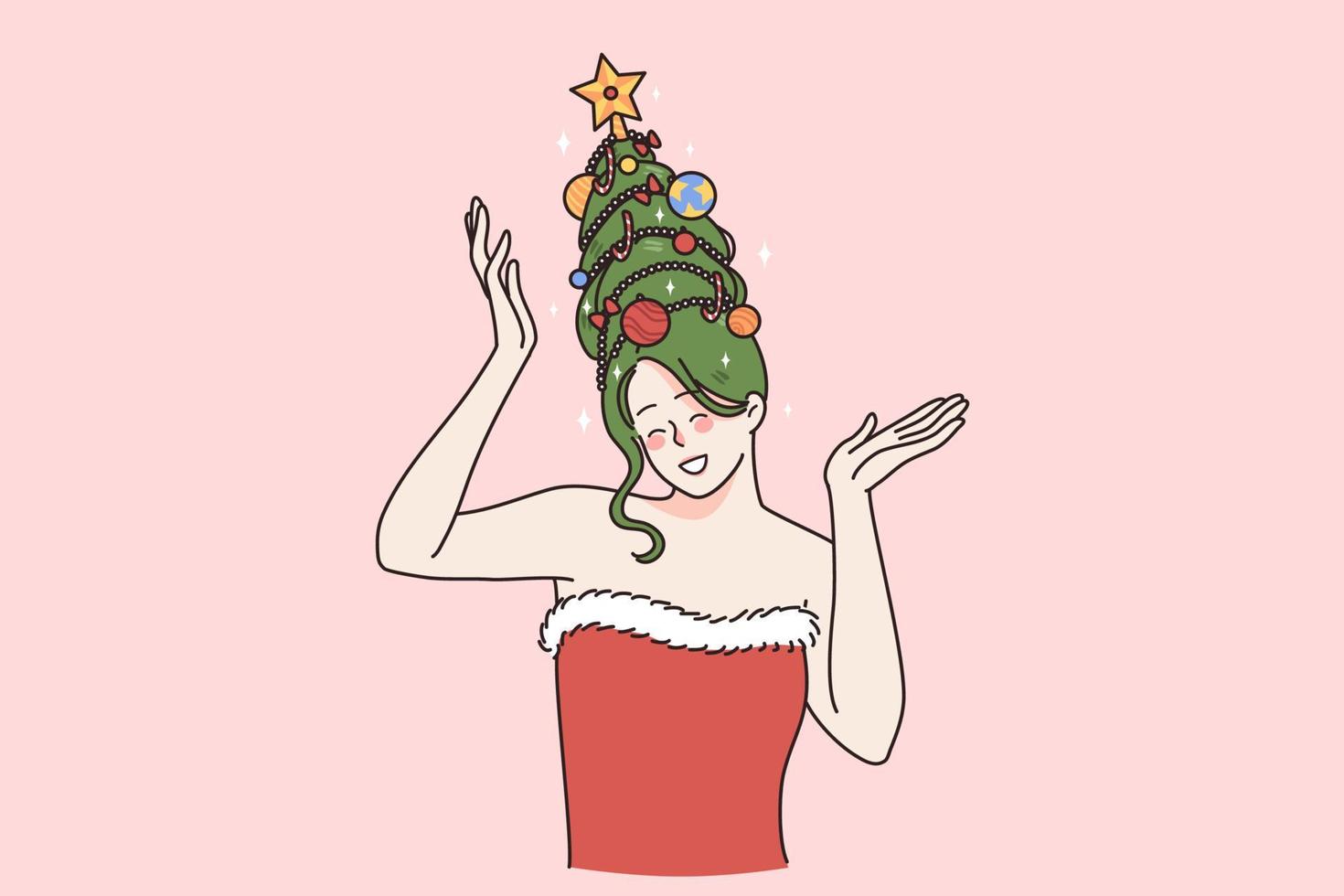 Happy young woman with Christmas tree hat on head celebrate audience with winter holidays. Smiling female model in Santa Claus sexy costume congratulate with New Year. Vector illustration.