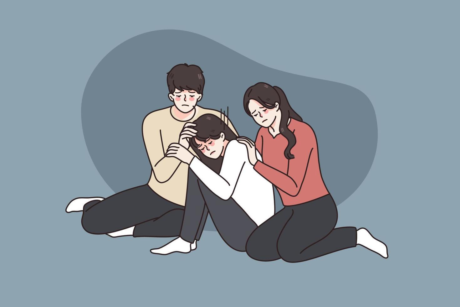 Caring young family hug support upset small teen daughter feeling upset depressed of school bullying. Supportive loving parents cuddle comfort unhappy stressed teenager child. Vector illustration.