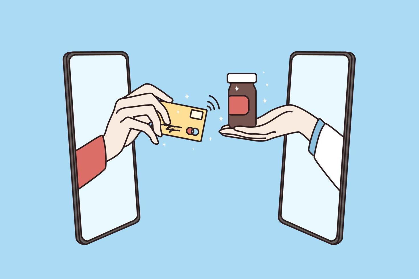 Online drugstore and pharmacy concept. Human Hand paying with credit card and taking drug from pharmacist hand online from smartphone screen vector illustration