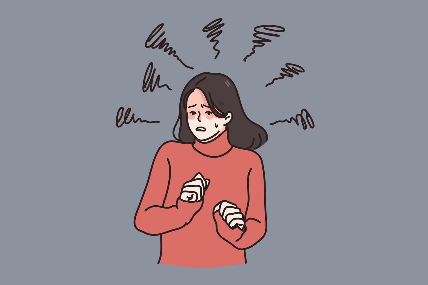 Anxious unhappy woman feel scared depressed suffer from mental psychological disorder. Upset worried female struggle with depression or anxiety panic attack. Healthcare concept. Vector illustration.