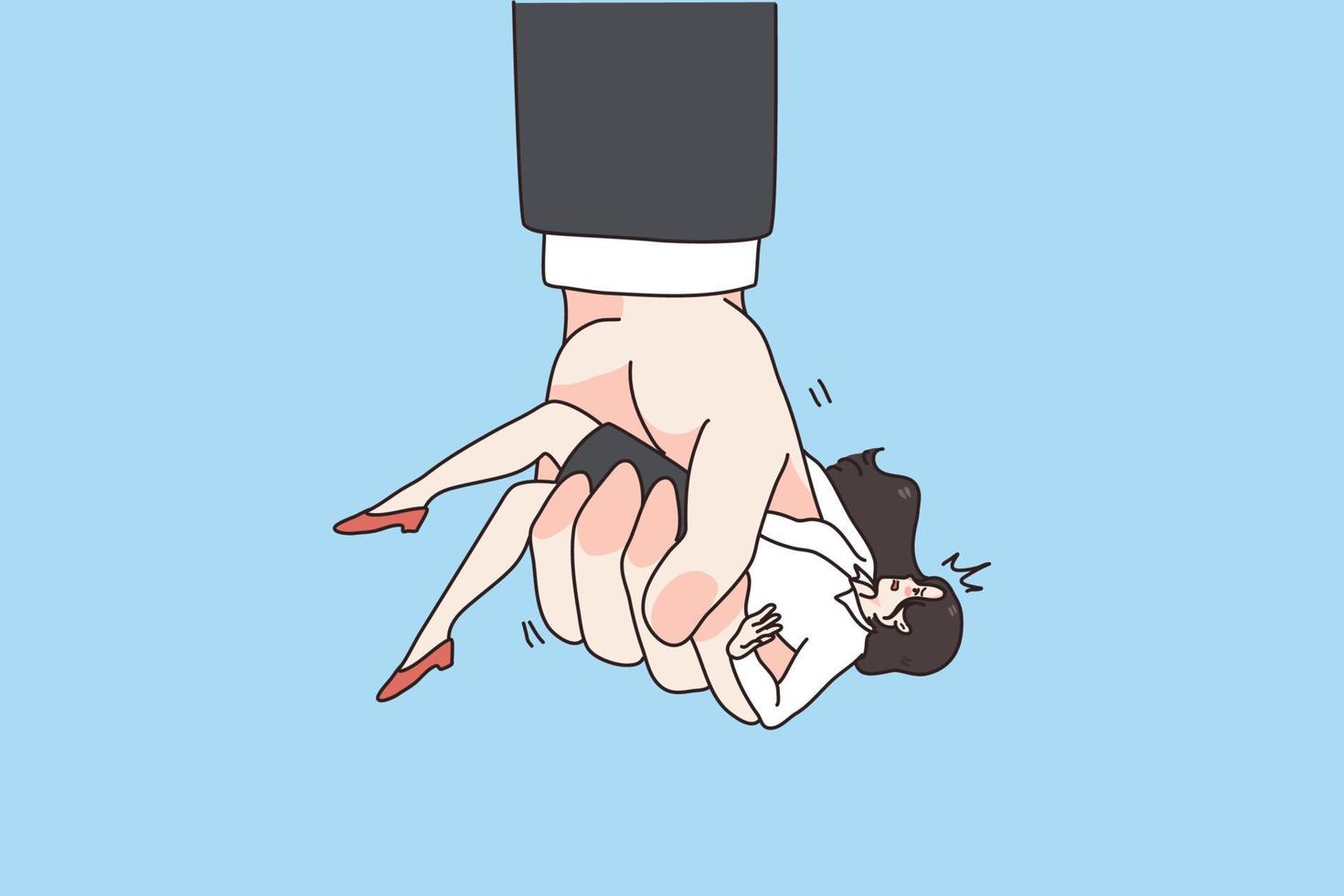 Huge man hand hold scared woman in clenched fist show domination and pressure. Businessman control female employee. Domestic violence and abuse. Job discrimination and bullying. Vector illustration.