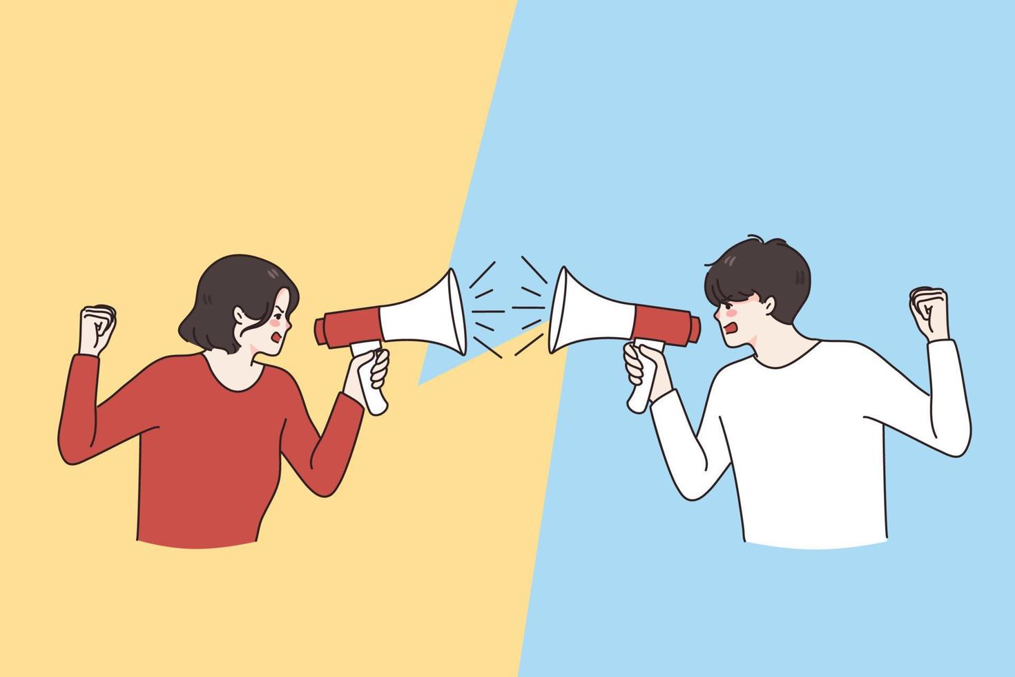 Man and woman hold loudspeakers scream at each other engaged in family fight. Stubborn angry husband and wife yell shout in megaphones, argue quarrel at home. Spouse argument. Vector illustration.