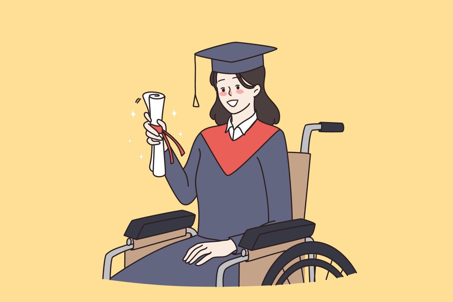 discapacitado bachiller, inclusivo educación concepto. joven sonriente niña graduado Maestro participación diploma en mano sentado en silla de ruedas terminado amarillo antecedentes vector ilustración