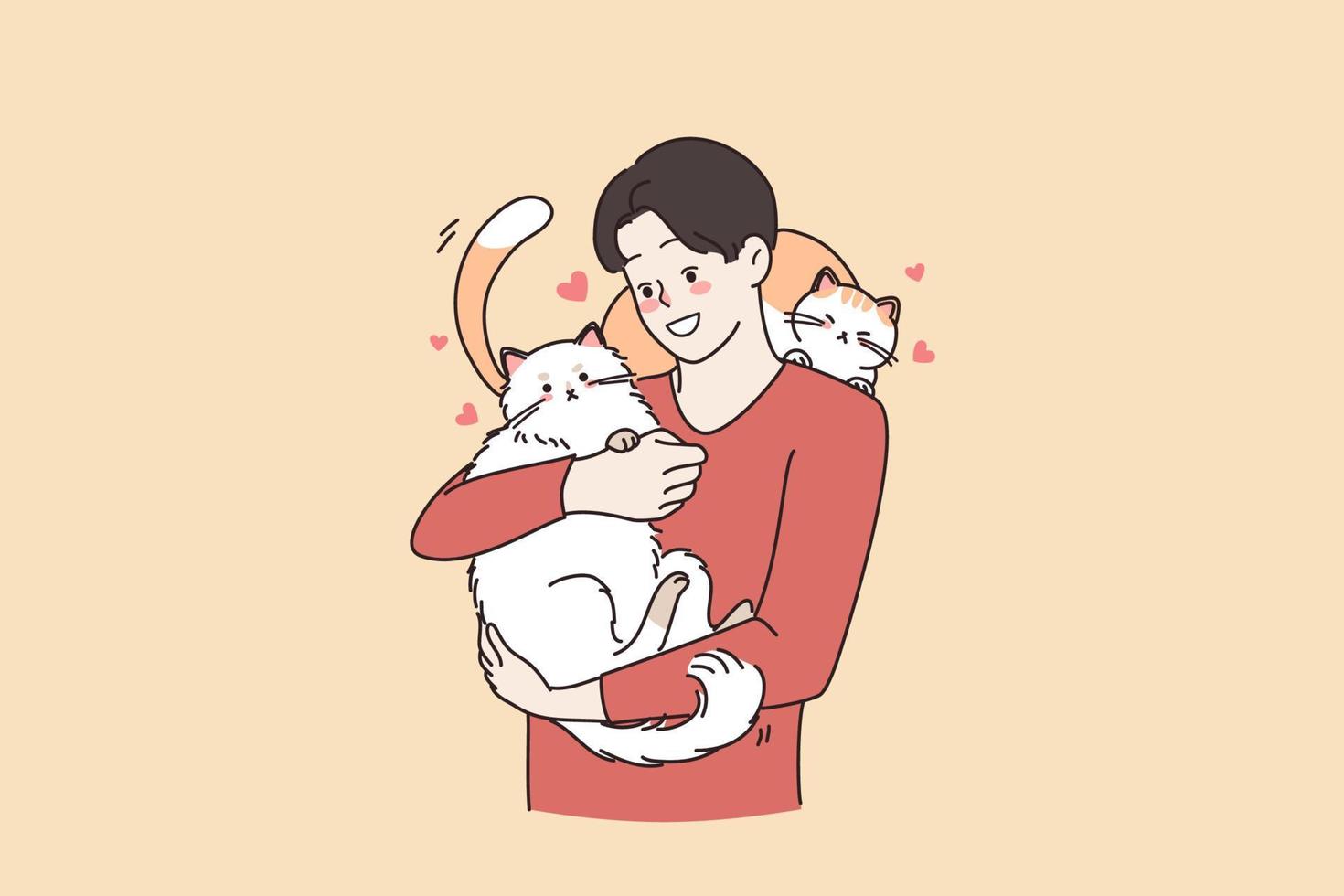 Loving animals and cat lover person concept. Young smiling loving man cartoon characters standing holding two big cats on hands hugging embracing vector illustration