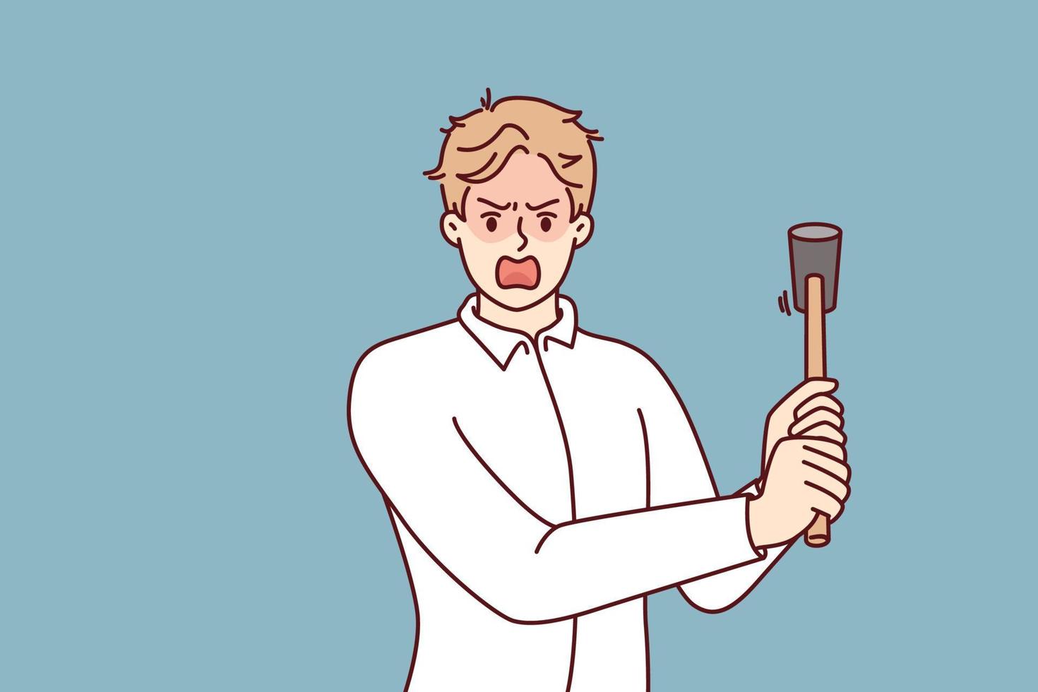 Crazy man threatens to hit with hammer and screams suffering from mental disorder causing aggression and nervousness. Manager with hammer symbolizing strictness and aggression towards employees vector