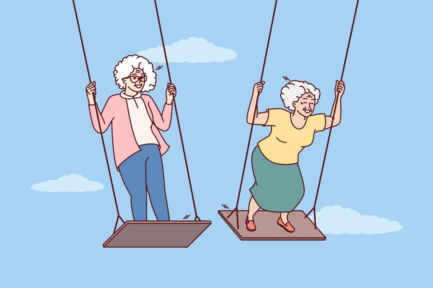 Two elderly women enjoy swinging and enjoying happy old age and not having to go to work. Carefree gray-haired female of retirement age remembers entertainment from youth and does not want to grow old vector