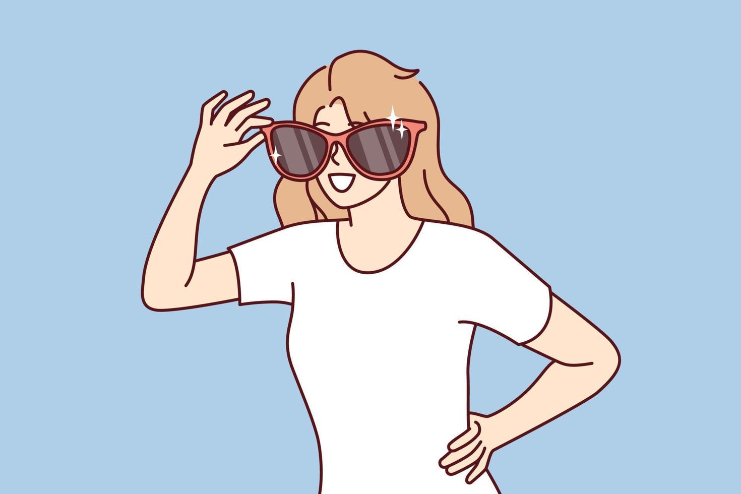 contento mujer con gigante Gafas de sol en cara sonrisas y mira alrededor mirando para conocidos positivo niña en casual camiseta de Departamento Gafas de sol para yendo a playa o caminando en verano parque vector