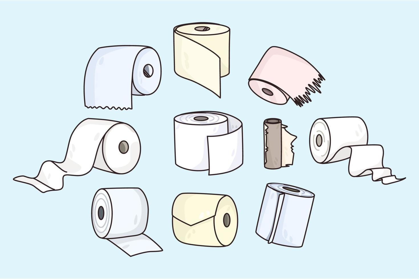 Set of toilet papers isolated on blue background. Collection of paper rolls and kitchen towel. Household items. Flat vector illustration. Bathroom and WC package bundle.