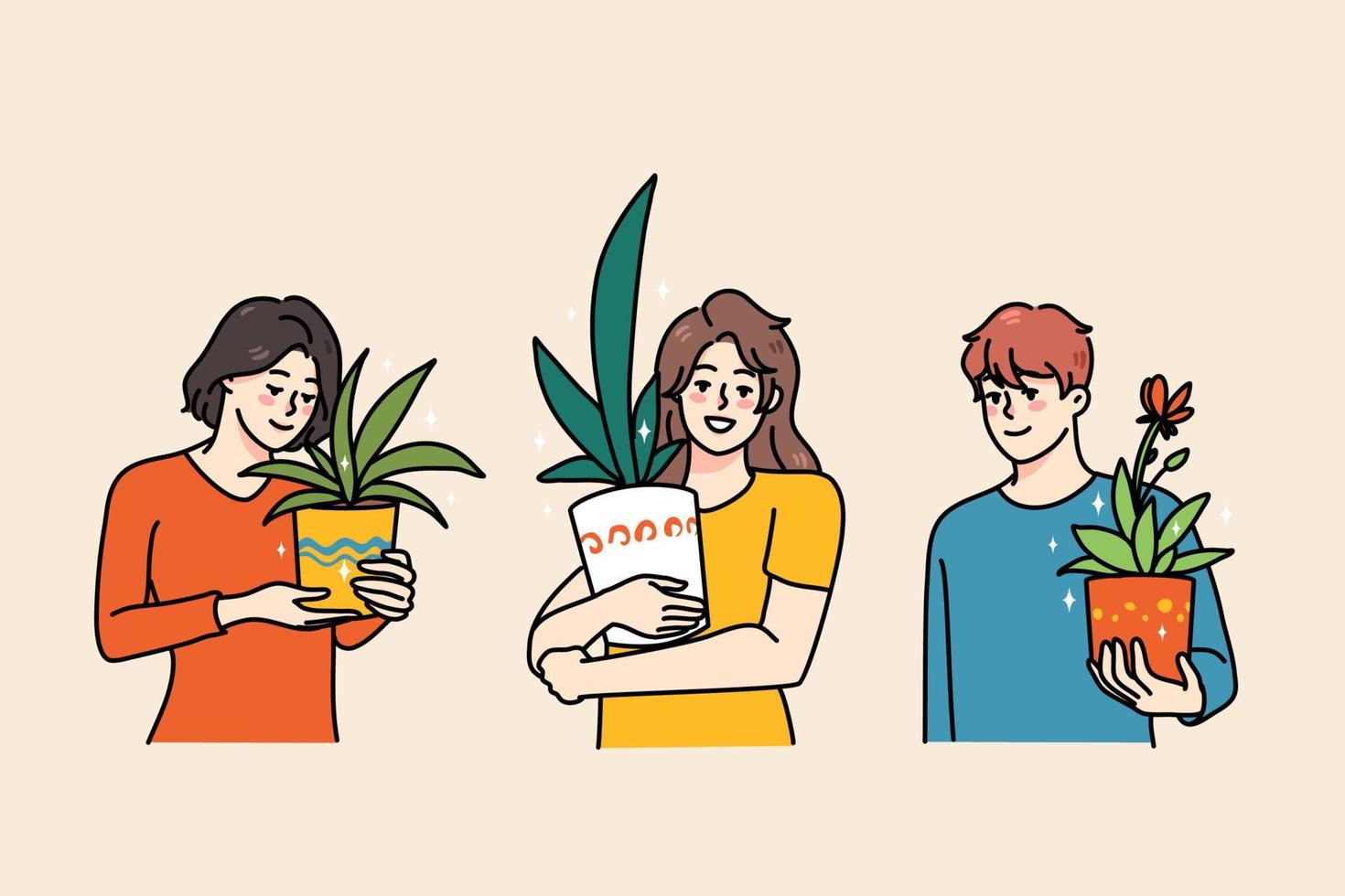 contento diverso personas sostener ollas con verde plantas involucrado en jardinería pasatiempo. sonriente hombres y mujer con casa verdor suculento y cactus disfrutar jardín actividad. plano vector ilustración.