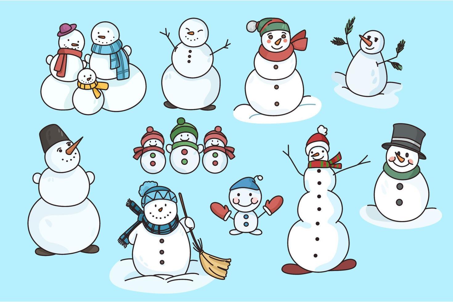conjunto de diferente muñecos de nieve en disfraces sombrero y bufanda para invierno vacaciones. colección de festivo nieve hombres dibujos animados caracteres soltero y grupo. nuevo año y Navidad celebracion. vector ilustración.