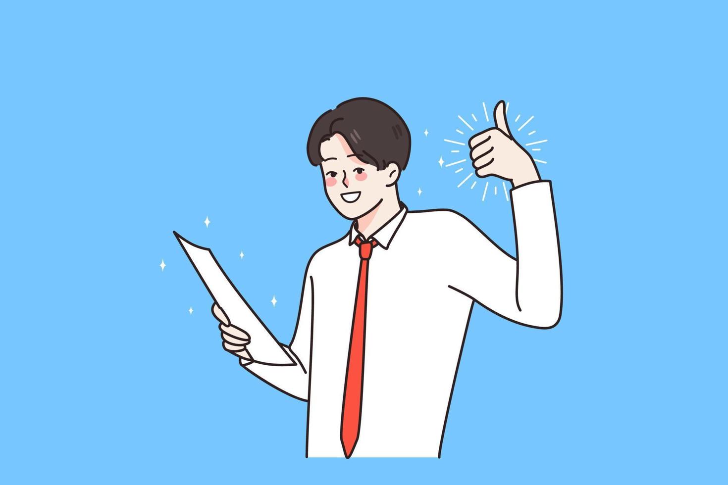 Smiling young male employee show thumb up excited with promotion offer or notice in paperwork. Happy man student triumph get good results from test. Success and leadership. Vector illustration.