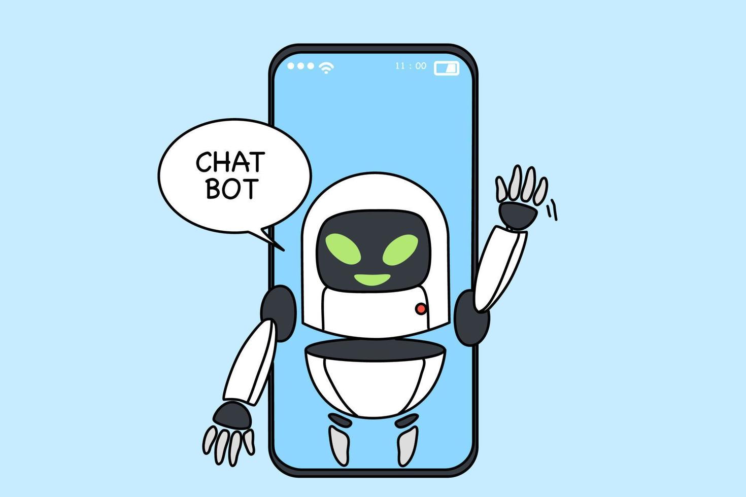 Virtual assistance on app on modern cellphone help customer with problem solution. Chat bot or robotic digital helper communicate with client on smartphone. Technology concept. Vector illustration.